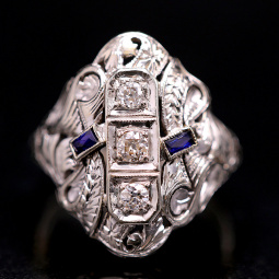 Sapphire Diamond Ring | Victorian CA1895 | 18K White Gold